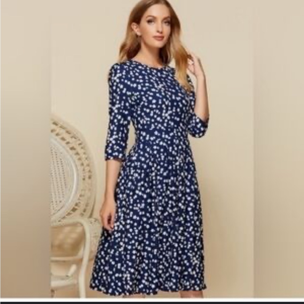 Source Unknown Navy and White Long Sleeve Dress